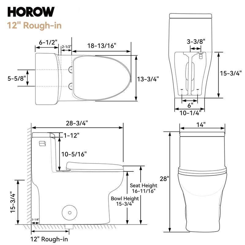 HOROW White One-Piece Compact Elongated 1.28 GPF Toilet with Comfort Height and Slow-Close Seat - N/A