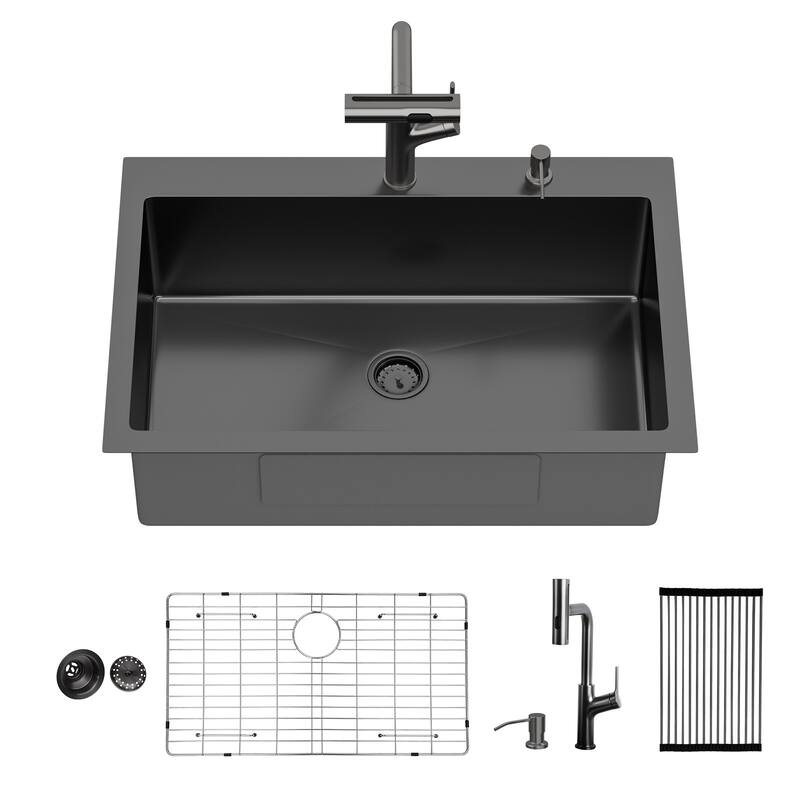30" Drop-in 16 Gauge Single Bowl Stainless Steel Kitchen Sink in Gunmetal Black - 30'' x 22'' x 10''