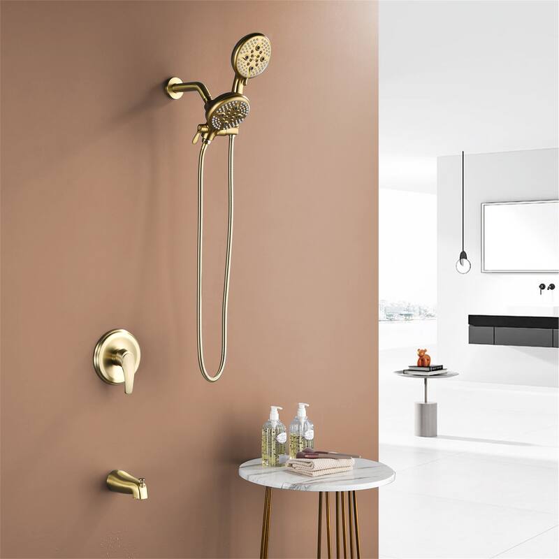 Wall Mounted Dual Head Shower Faucet with Tub Spout, Complete Pressure Balance Brushed Gold Tub Shower System Wth Hand Shower