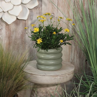 8" Bibendum Planter Contemporary Ceramic Ridged Planter in Green for Indoor or Outdoor Plants and Succulents for Home
