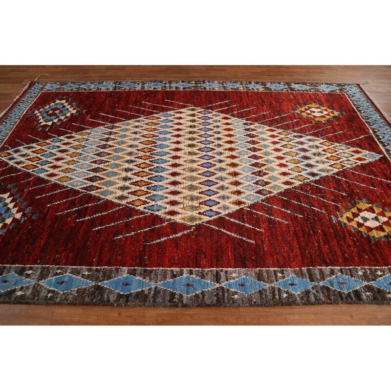 Hand Knotted Oriental 100% Wool Carpet Modern Tribal Red Moroccan Area Rug - 10' 3'' X 6' 7''