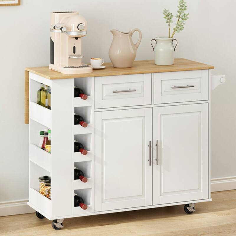 Rubberwood Kitchen Cart with Drop Leaf, Spice Rack, Towel Holder, Wine Rack and Two Drawers