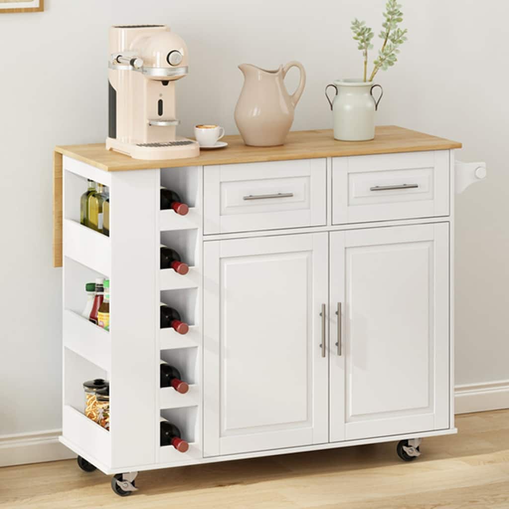 Rubberwood Kitchen Cart with Drop Leaf, Spice Rack, Towel Holder, Wine Rack and Two Drawers