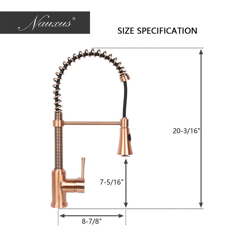 Copper Pre-Rinse Spring Kitchen Faucet, Single Level Solid Brass Kitchen Sink Faucets with Pull Down Sprayer - 8.9x20.2"
