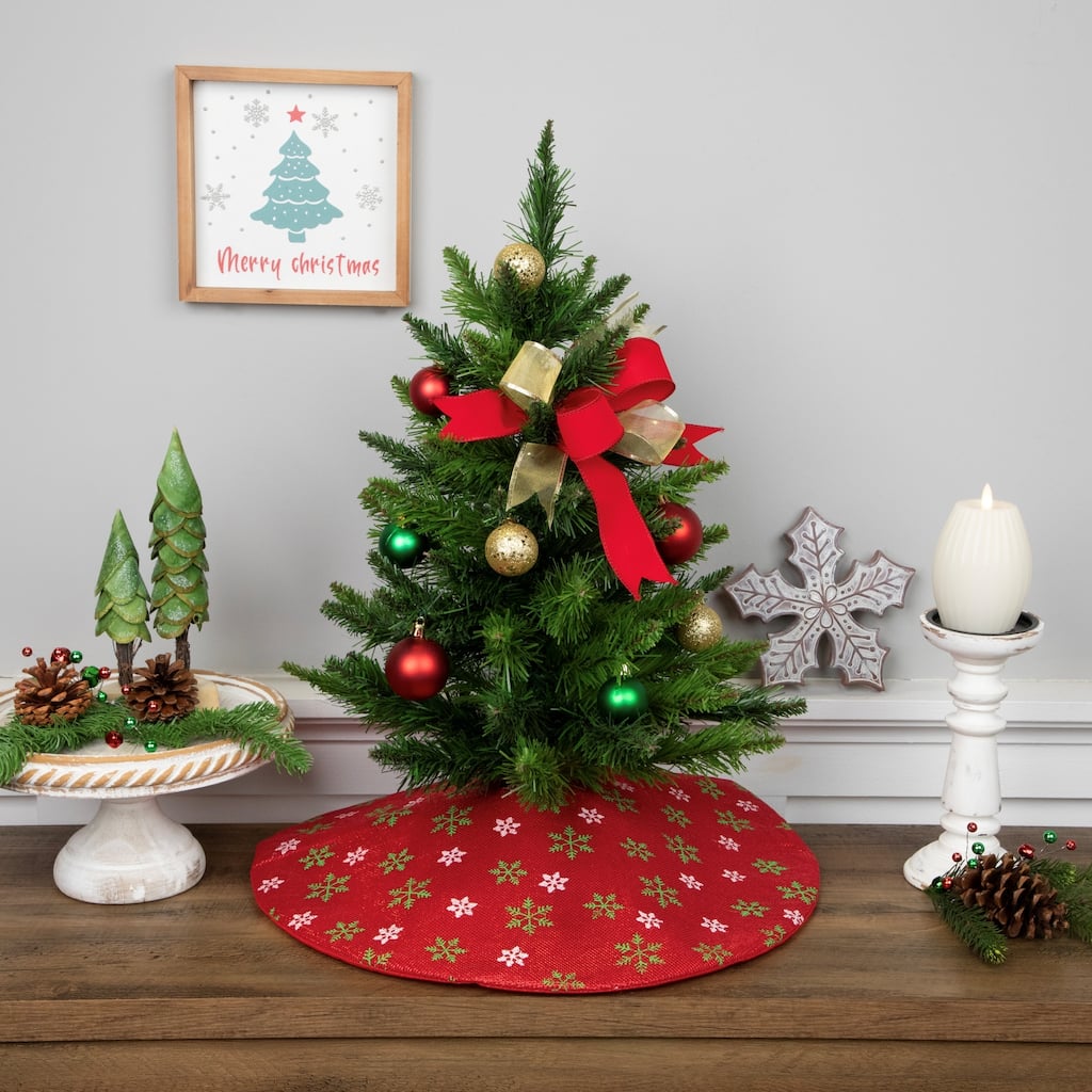 20" Metallic Red with Green White Snowflakes Mini Christmas Tree Skirt