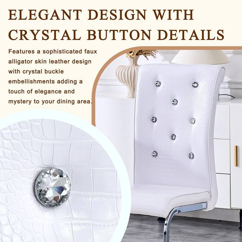 Set of 2 Retro Alligator Skin Upholstered Dining Chairs with Crystal Buckle Design & Faux Leather