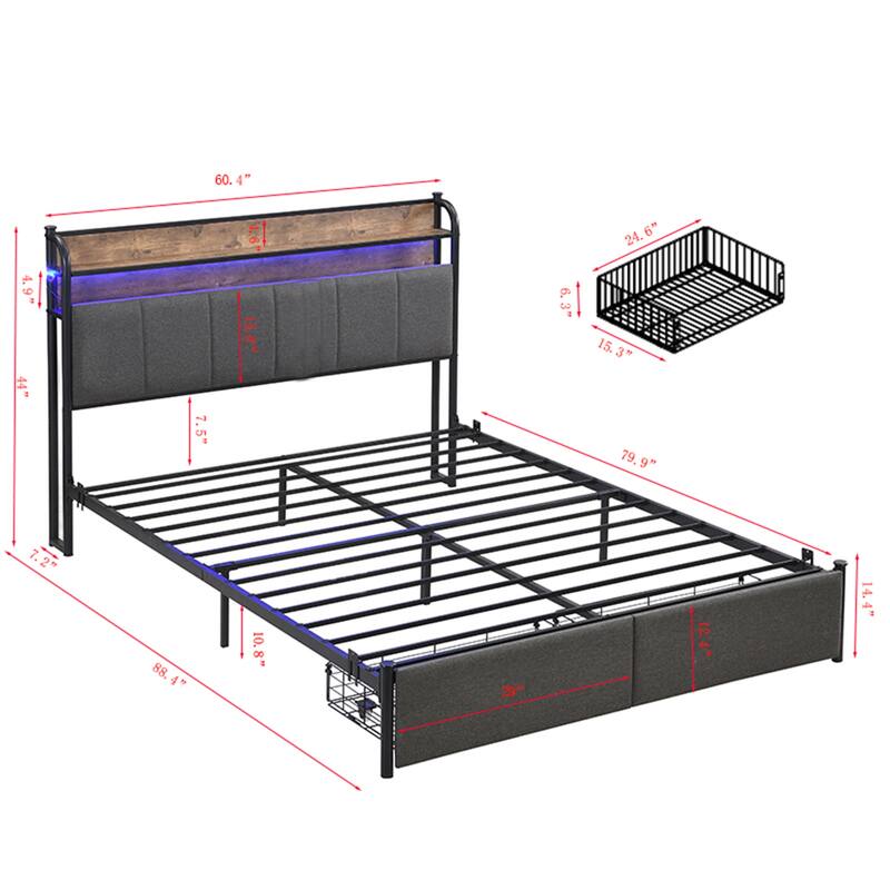 Queen Bed Frame Storage Headboard with Charging Station