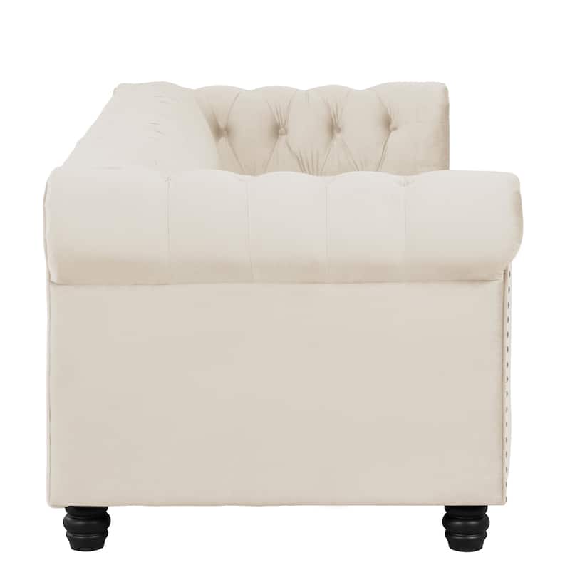 Morden Fort Velvet Upholstered Chesterfield Sofa with Nailhead and Solid Legs for Living Room