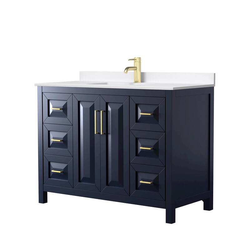 Daria 48-inch Single Vanity, Single Hole Quartz Top - Dark Blue, Gold Trim, White Quartz Top