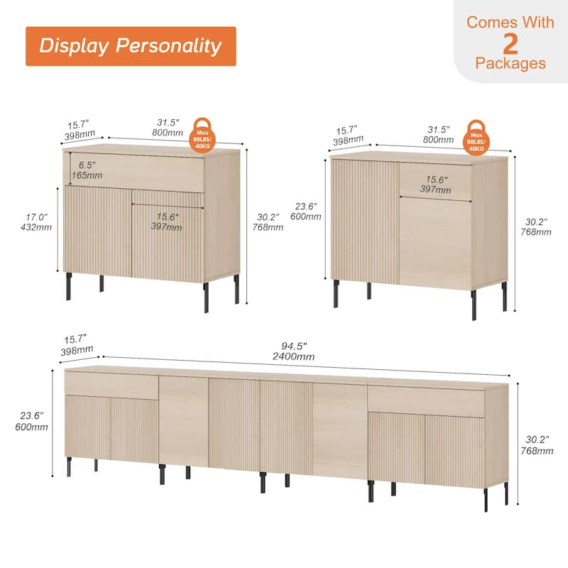 126" Modern Reeded 8-Door Sideboard With Drawers, 4-In-1 Wooden Credenza