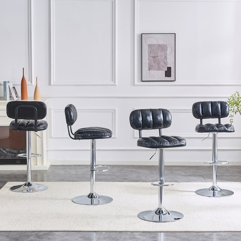 Set of 2 Adjustable Height Bar Stools, PU Leather Upholstered with Chrome Base & Footrest, Modern Comfortable Stools