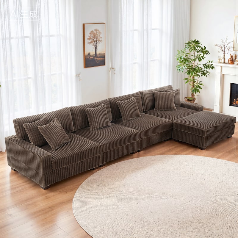 Anne 150" W Upholstered Plush Corduroy Modular Sectional Sofa