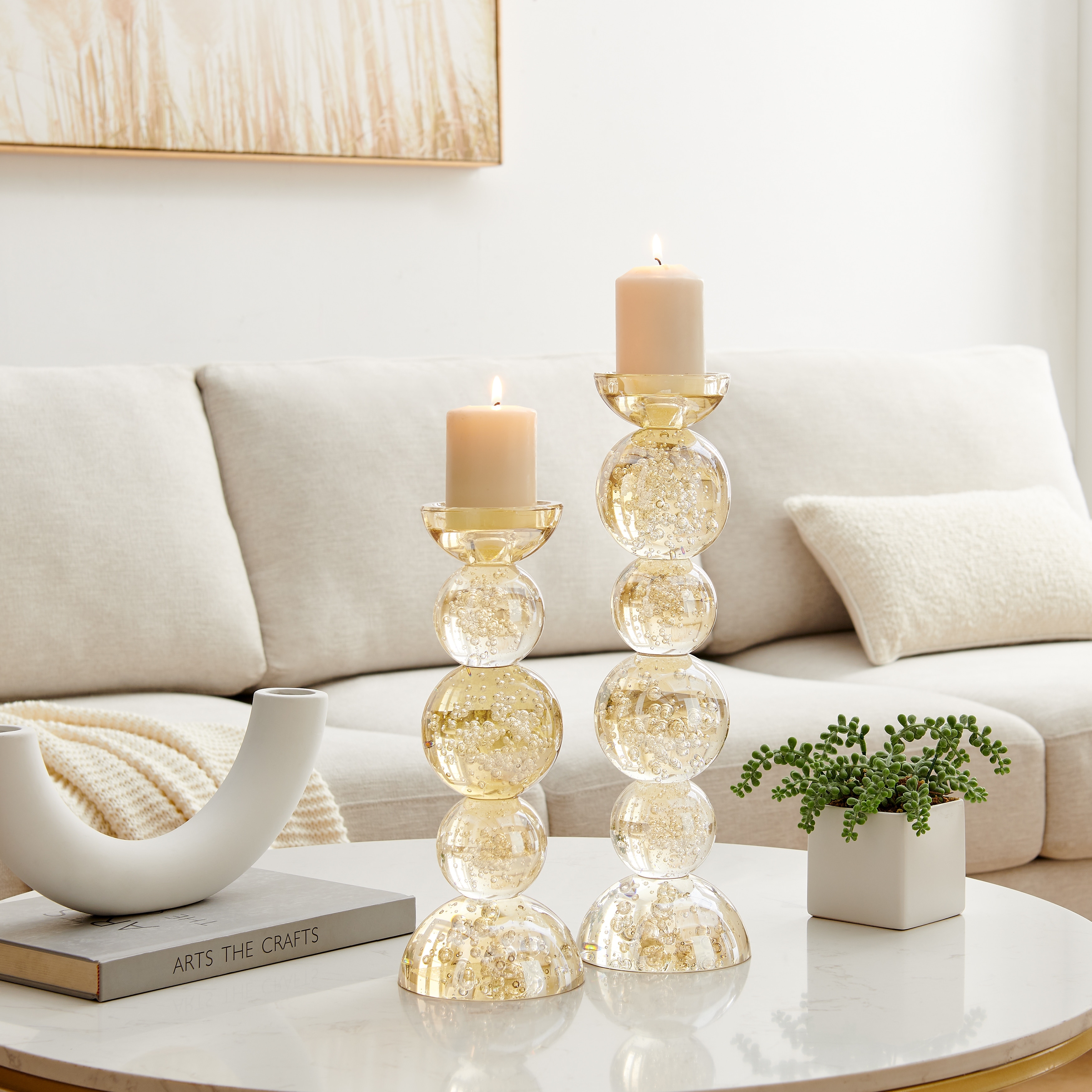 Enya Champagne Gold Tint Bubble Glass Stacked Orb Pillar Candle Holder Set of 2 Bed Bath Beyond 42008026