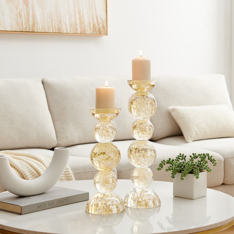 Enya Champagne Gold Tint Bubble Glass Stacked Orb Pillar Candle Holder Set of 2