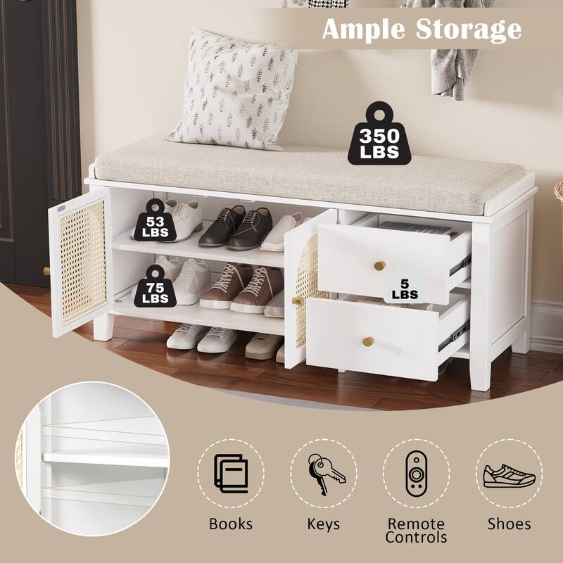 Wood Frame Bench with Shoe Storage, Shoe Bench with Rattan Arched Door and 2 Drawers Entryway Fabric Upholstered Bench