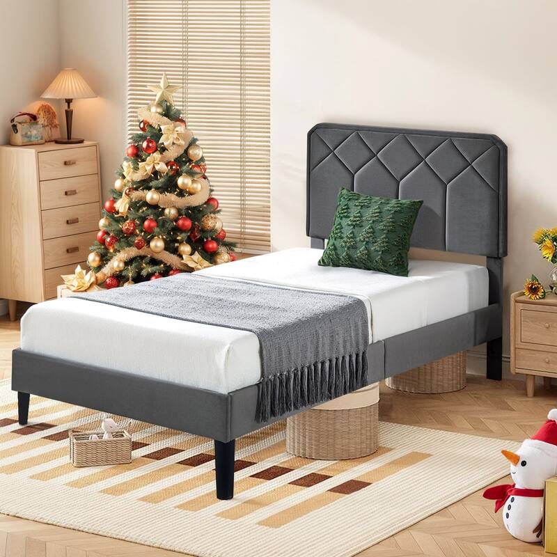 2 Pcs Upholstered Twin Size Platform Bed with Adjustable Headboard Twin Platform Bed Set of 2