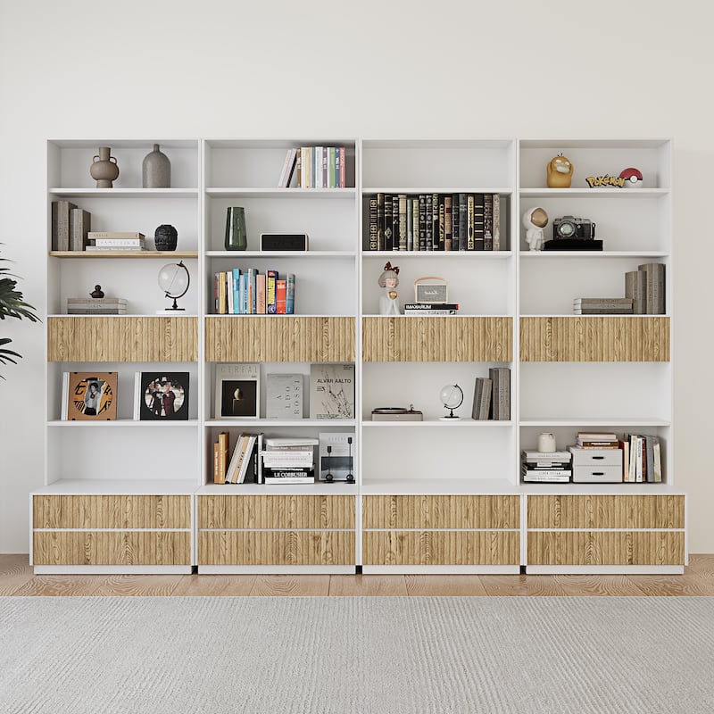 85.8'' Tall Bookcase with Movable Footstool and Open Shelves Storage Drawers