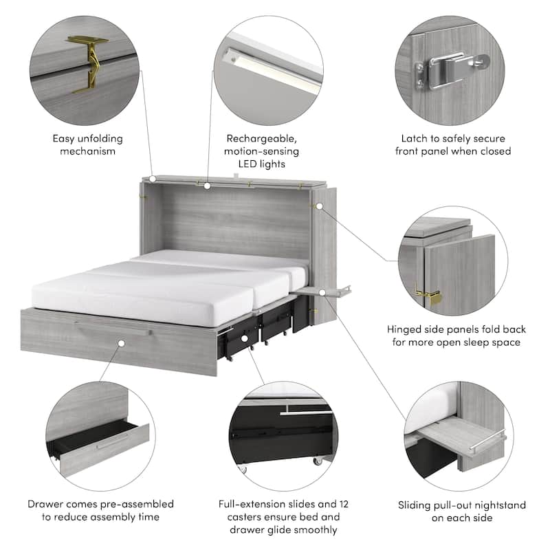 Bestar Borealis 57W Full Murphy Cabinet Bed with Drawer and Mattress