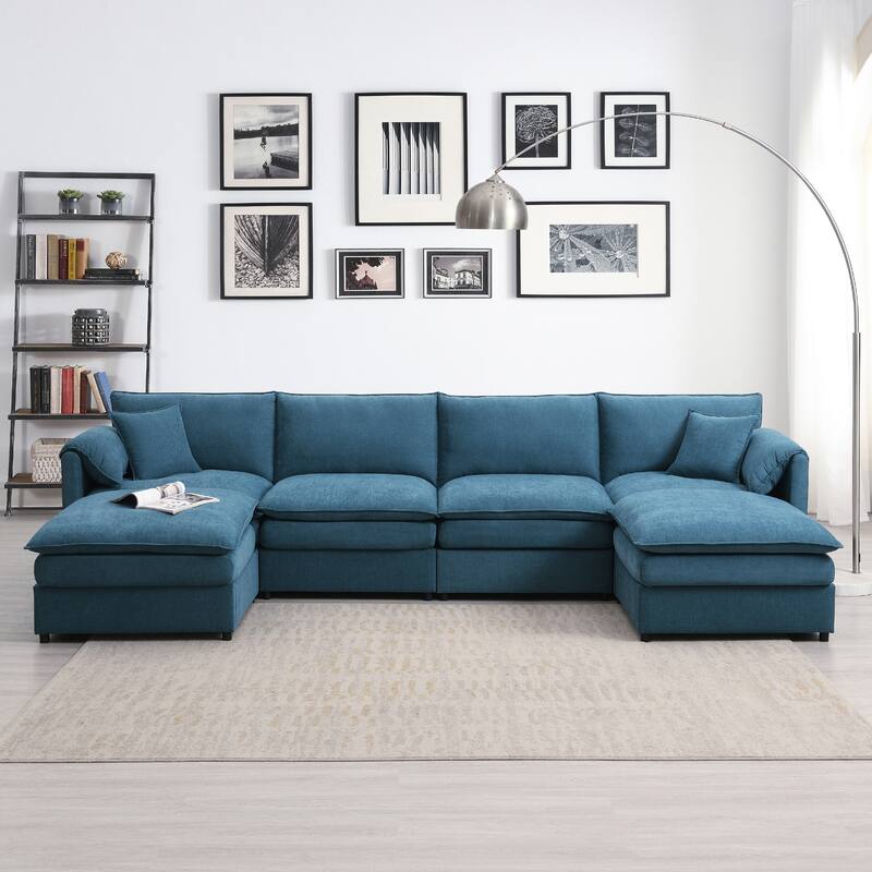 134" Chenille Modular Sectional Sofa,U Shaped Cloud Couch Set with Double Cushions - Blue