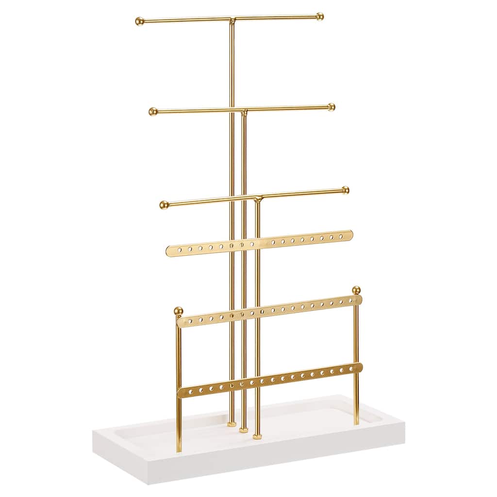 Jewelry Stand Holder, 6 Tier Metal Earring Tower with Wood Tray - Gold