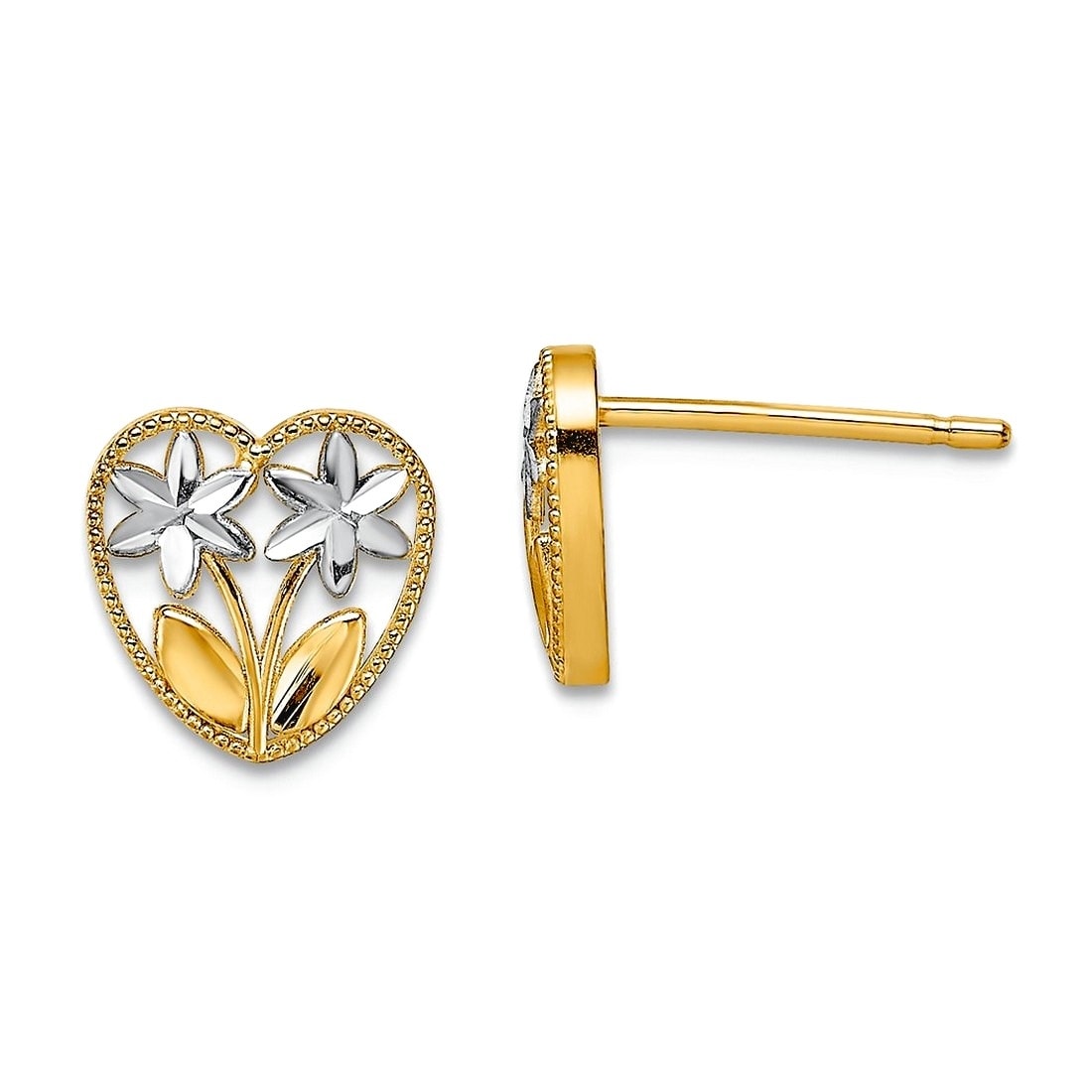 Curata 14k Two tone Gold 8mm Sweet Daisy Framed Heart Earrings