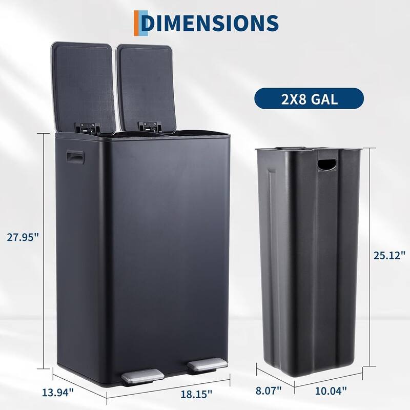 2 x 8 Gallon Dual Compartment Kitchen Trash Can, Garbage Can with Lid