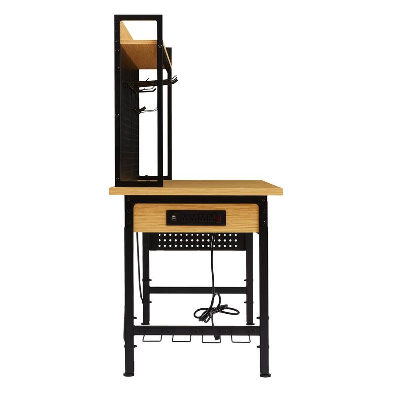 48''Adjustable Workbench with pegboard,Heavy Duty Wooden Desktop Workbench with Wheels,1600 lb.Load Capacity,with AC/USB Outlet