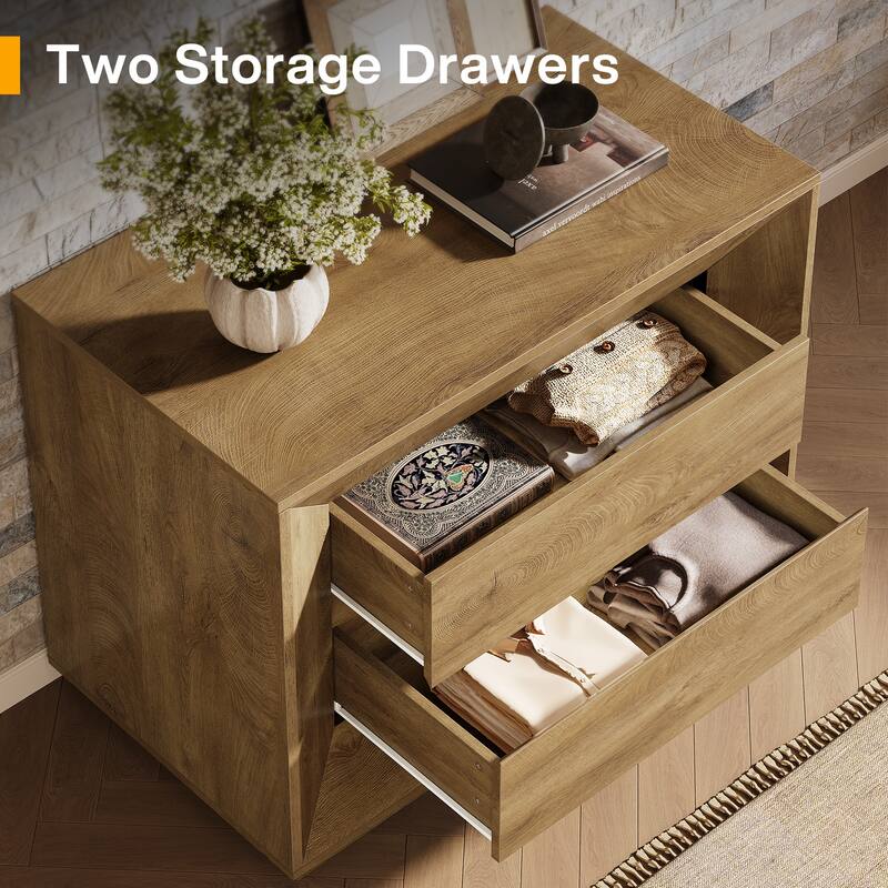 35.4" W Nightstand, Oak Large Night Stand with 2 Drawers