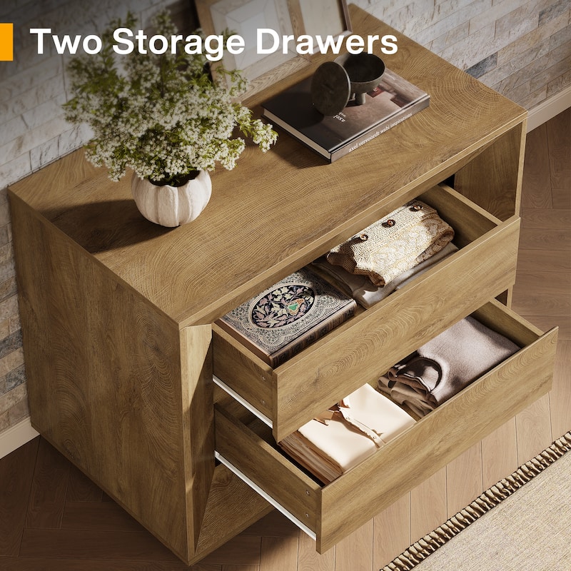 35.43" Wide Nightstand, Oak Large Night Stand with Drawers