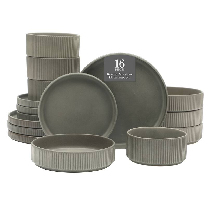 Gibson Elite Deerfield 16-Piece Stoneware Dinnerware Set - Stackable Plates and Bowls, Reactive Glaze Finish, Service for 4