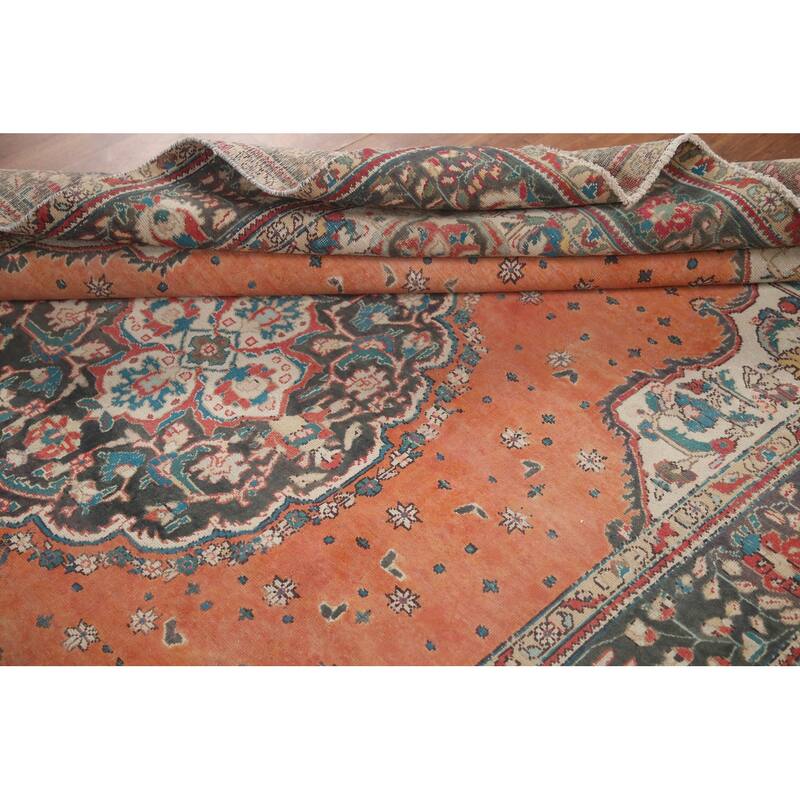 Hand Knotted Oriental 100% Wool Carpet Traditional Floral Oranges & Rust Tabriz Area Rug - 9' 3'' X 6' 8''