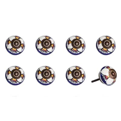 Set of 8 Hand-Painted Blue & White Floral Ceramic Cabinet Knobs Artisan Round Drawer Pulls with Metal Base - 1.5" x 1.5" x 1.5"