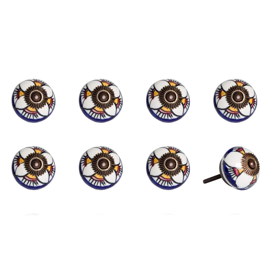Set of 8 Hand-Painted Blue & White Floral Ceramic Cabinet Knobs Artisan Round Drawer Pulls with Metal Base - 1.5" x 1.5" x 1.5"