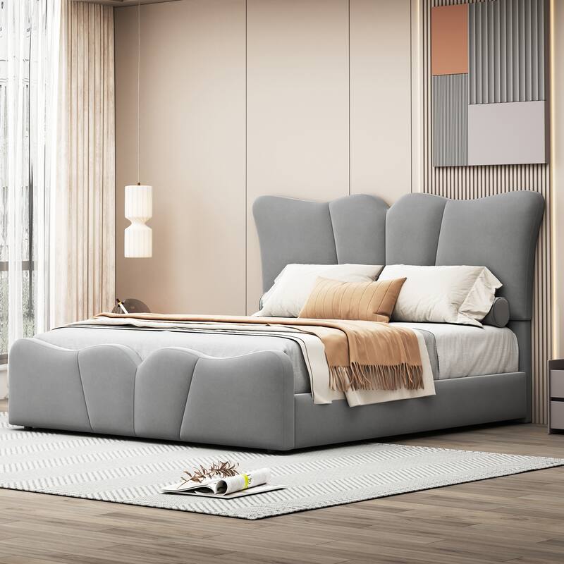 Velvet Upholstered Bed with Distinctive Headboard & Footboard - Gray - Full