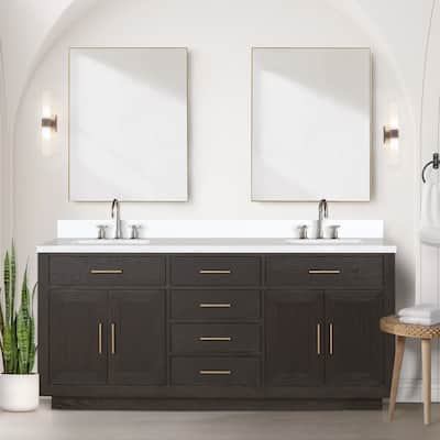 Abbey 60 in W x 22 in D Black Oak Double Bath Vanity, Cultured Marble Top, and 28 in Mirrors