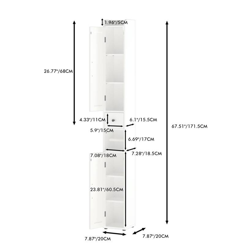 67.51" Tall Slim Storage Cabinet – 2 Doors, Adjustable Shelves, Anti-Tip, White (For Bathroom/Kitchen/Small Spaces)‌