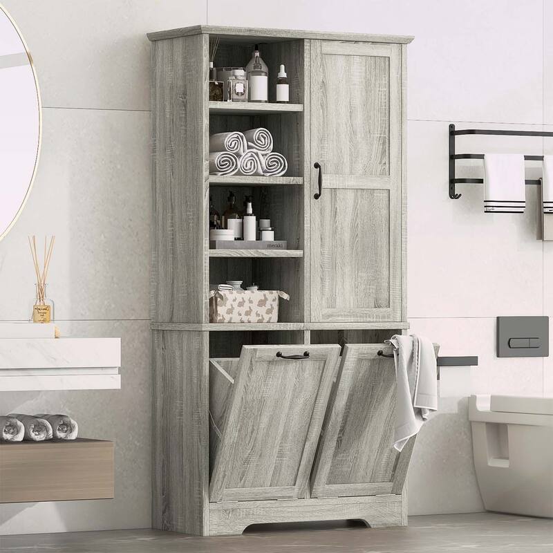 Stylish and Functional Bathroom Storage Cabinet with Doors,Drawers,Tilt-Out Laundry Hamper - Oak
