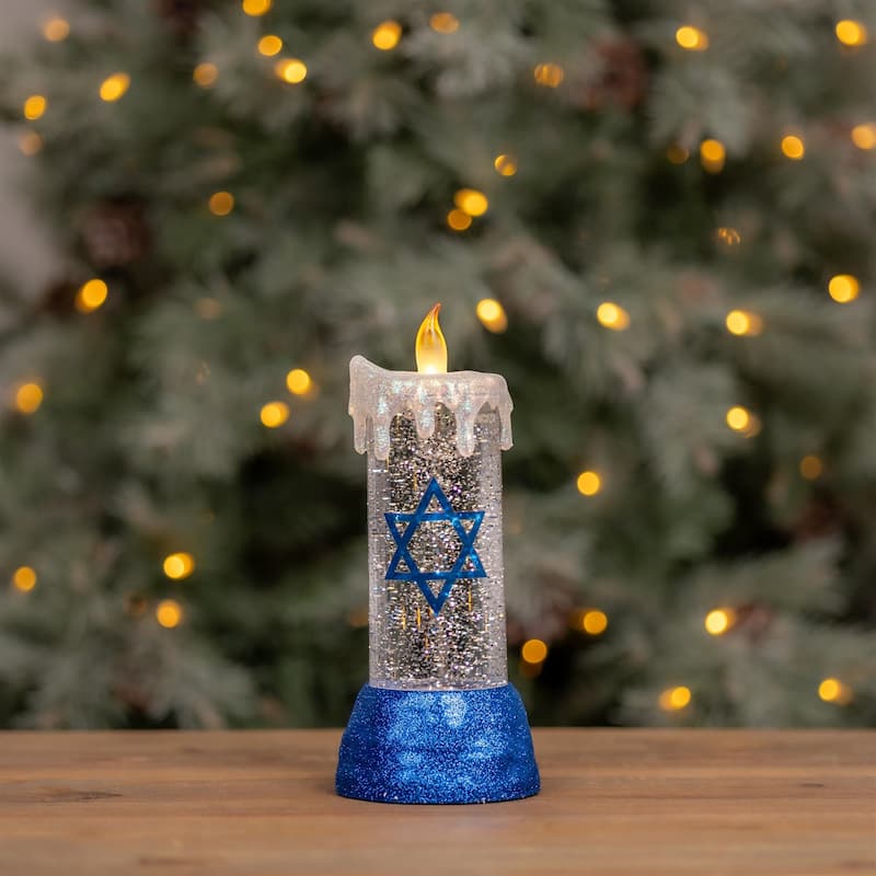 LED Hanukkah Candle Decoration with Glitter and Timer Option - 4” x 4” x 9.5”