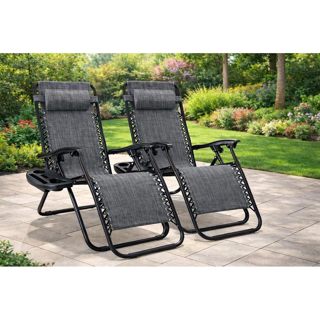 Barca Folding Zero Gravity Chairs Steel Sling Outdoor Lounge Chairs with Cup Holder with Set in Grey (2-Pack) - N/A