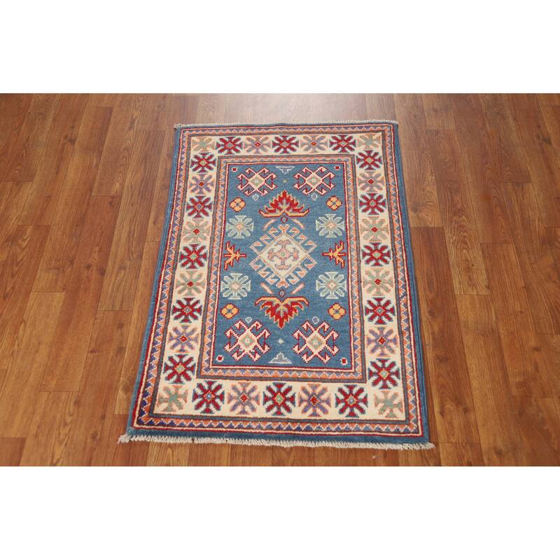 Blue Kazak Oriental Rug Traditional Hand-Knotted Wool Carpet - 2'0"x 3'0"