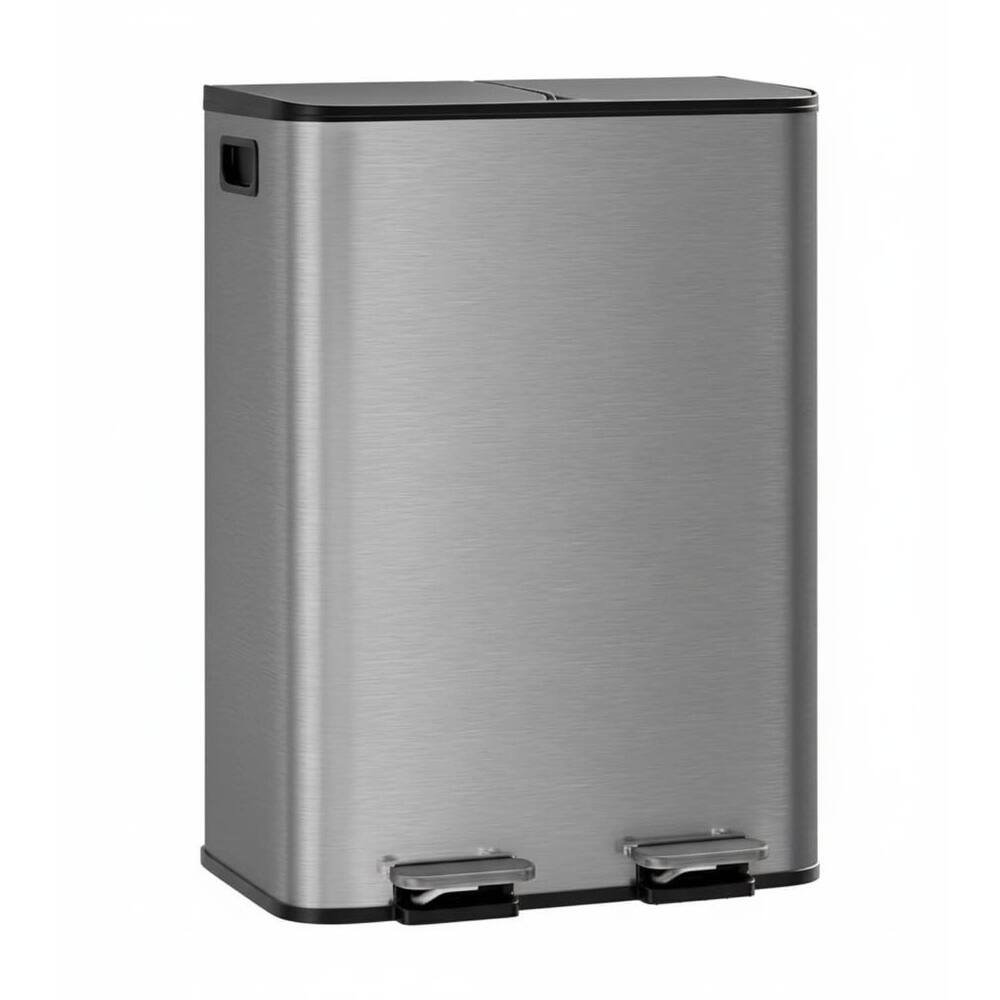 2 x 8 Gal Double Trash Can, Stainless Steel Dual Compartment Step-On Trash Can for Kitchen