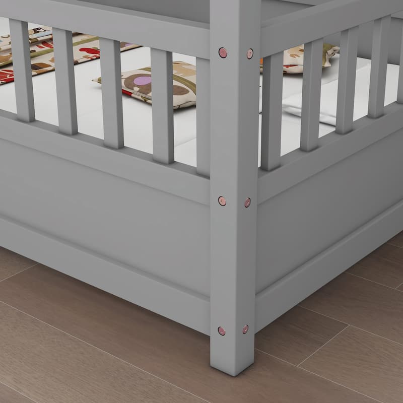 GDF Studio - Whitmore Montessori Wooden Floor Bed with House Roof Frame and Fence