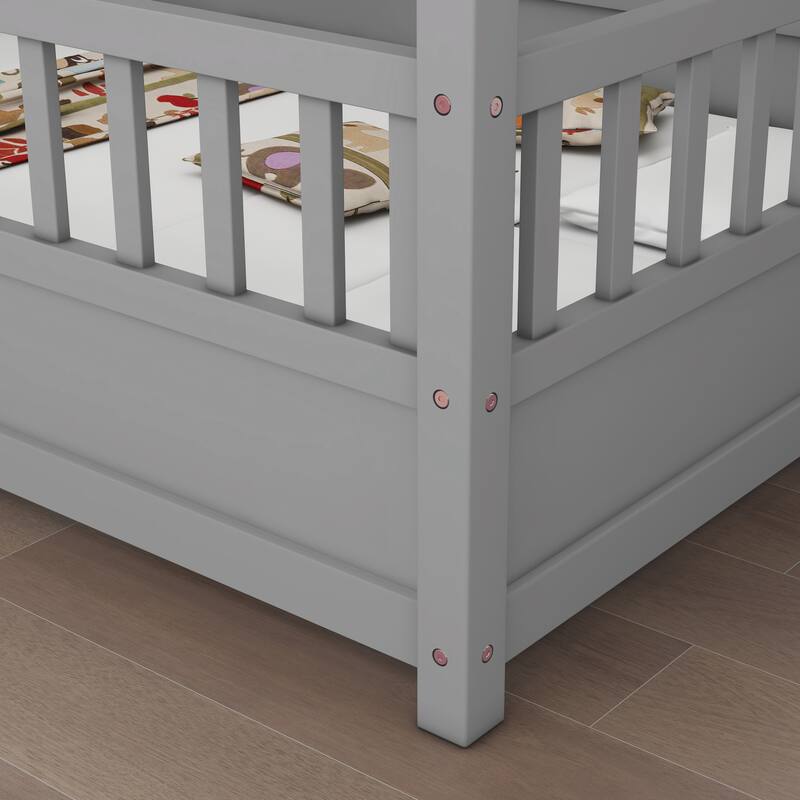 Kids Twin/Full House Bed with Roof Frame, Floor Bed with Fence Guardrails