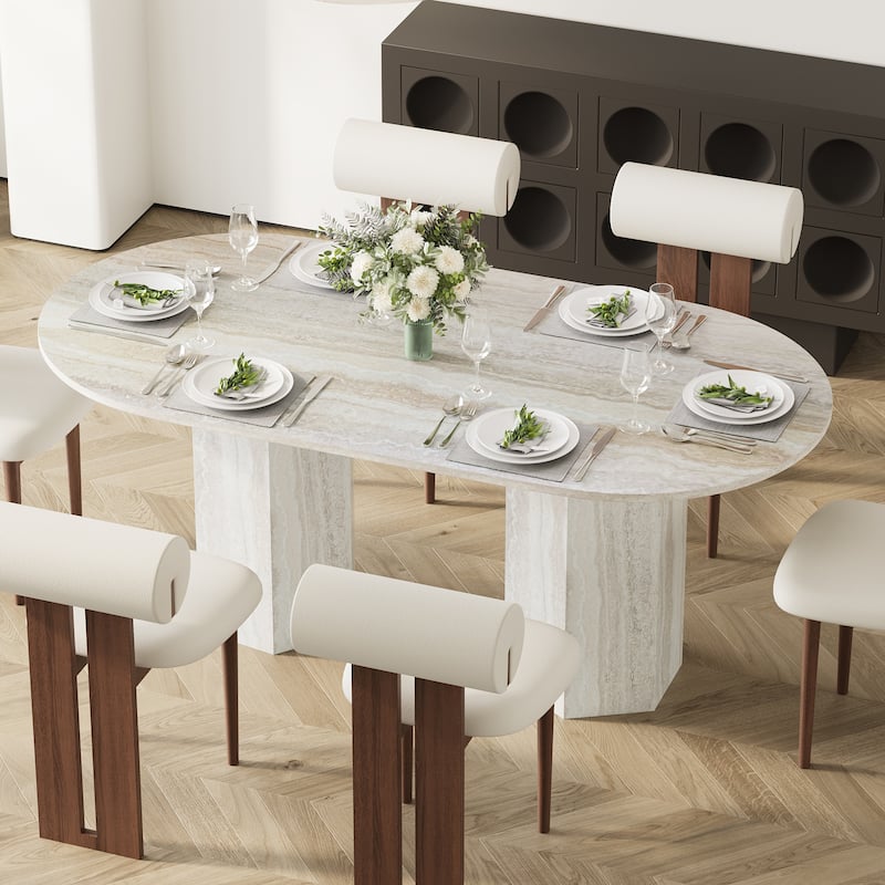 71" Modern Oval Wood Dining Table For 6 With Travertine Texture, Beige Kitchen Table With Bouble Pedestal - Off White