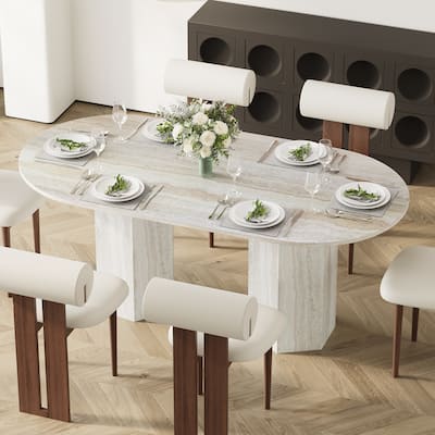 71" Modern Oval Wood Dining Table For 6 With Travertine Texture, Beige Kitchen Table With Bouble Pedestal