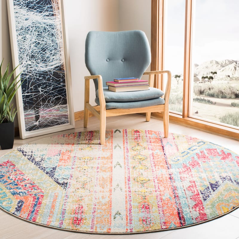 SAFAVIEH, Madison Sonya Abstract Boho Distressed Rug - 6'7" Round - Blue/Orange
