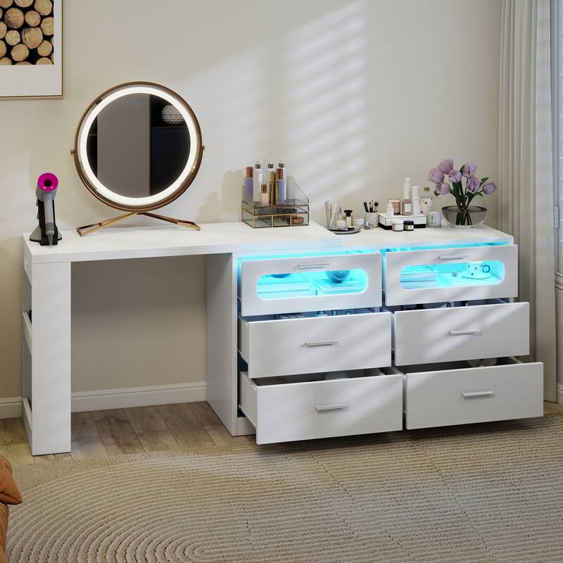 Moasis Modern L-Shaped Corner Rotating Computer Desk Dresser Desk with 6 Drawers