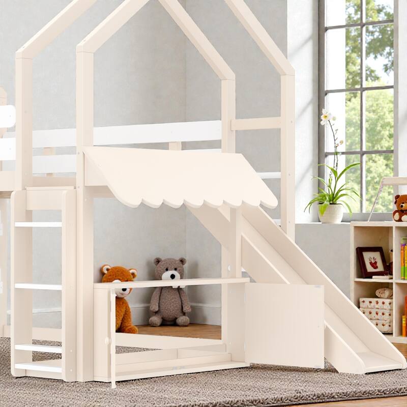 Full Size Kids Loft Bed with Bookshelf and Slide, House-Shaped Play Bed with Stairs, Safety Guardrails