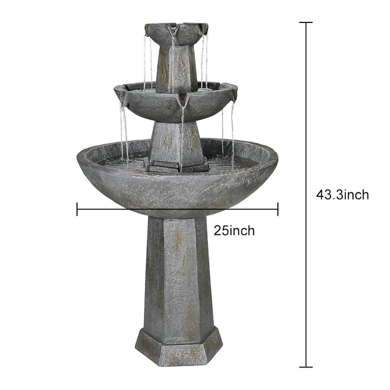 43.3-Inch Tall Outdoor 3-Tiered Pedestal Water Fountain and Birdbath