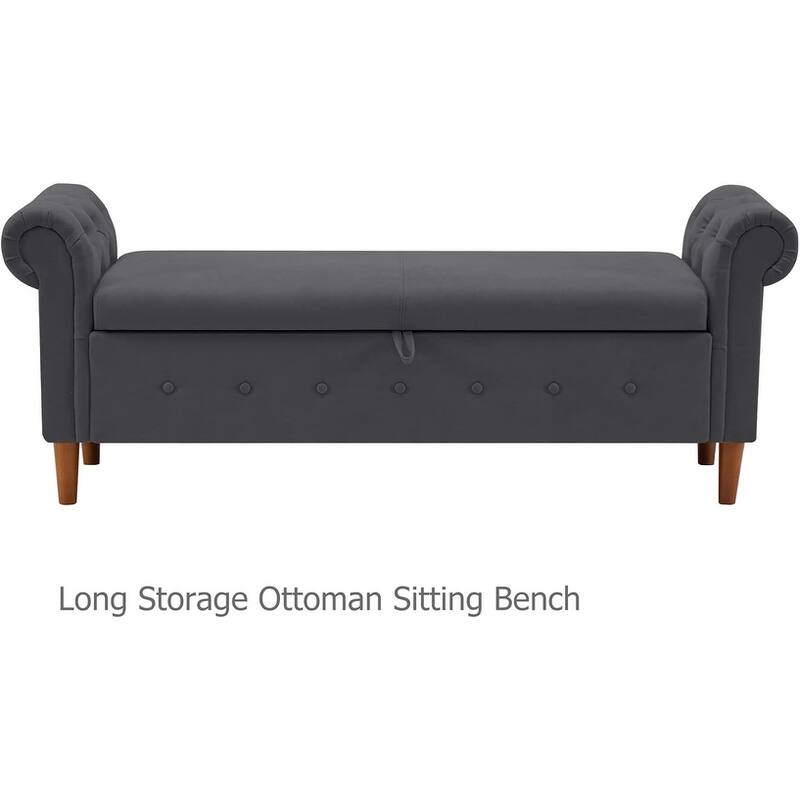 Multipurpose Rectangular Linen Sofa Stool with Large Space Saving Storage, 4 Rubber Wood Feet - 63 x 22.1 x 24.1 inch